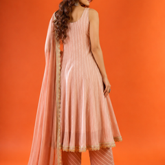 Dusty Rose Striped Anarkali Kurta Set with Dupatta