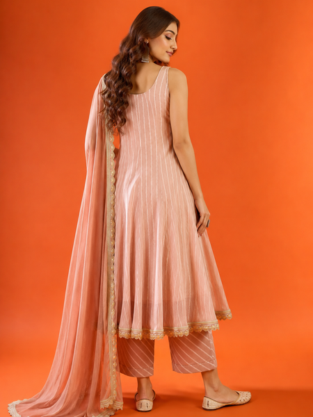 Dusty Rose Striped Anarkali Kurta Set with Dupatta