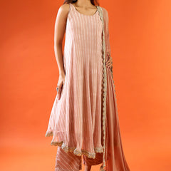 Dusty Rose Striped Anarkali Kurta Set with Dupatta