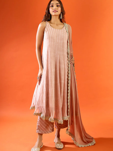 Dusty Rose Striped Anarkali Kurta Set with Dupatta