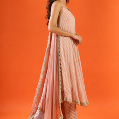 Dusty Rose Striped Anarkali Kurta Set with Dupatta