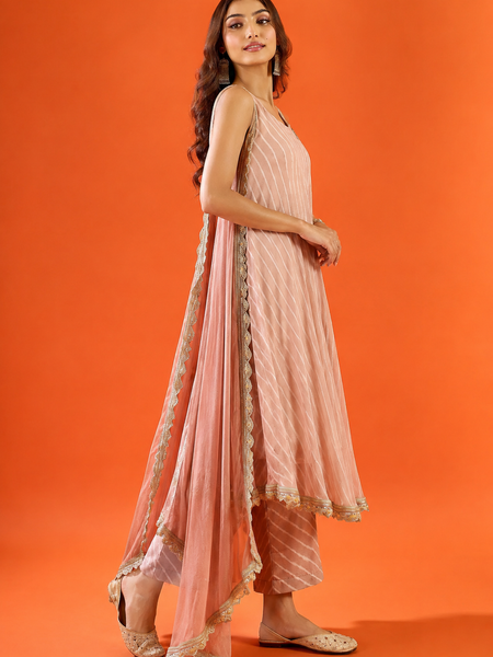 Dusty Rose Striped Anarkali Kurta Set with Dupatta