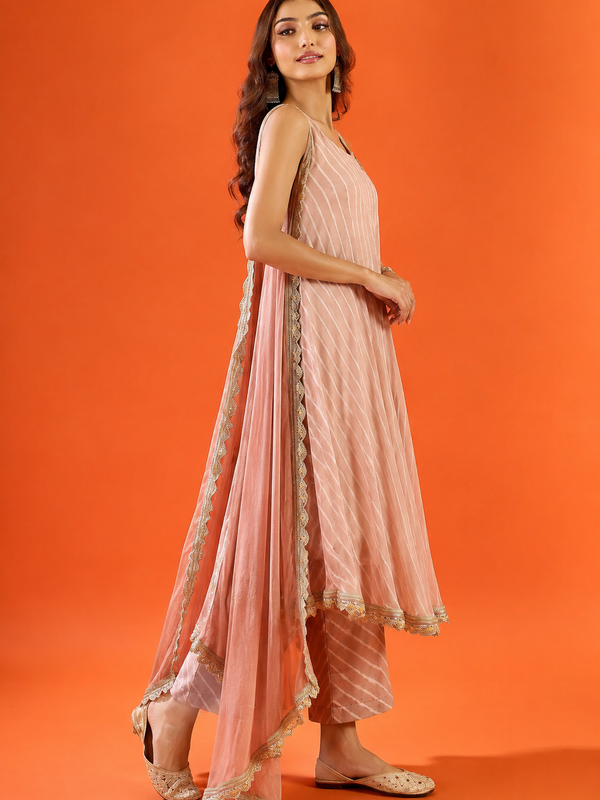 Dusty Rose Striped Anarkali Kurta Set with Dupatta
