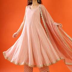Dusty Rose Striped Anarkali Kurta Set with Dupatta