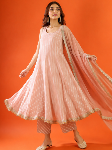 Dusty Rose Striped Anarkali Kurta Set with Dupatta