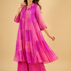 Fuchsia Pink Tiered Cotton Kurta Set with Palazzo