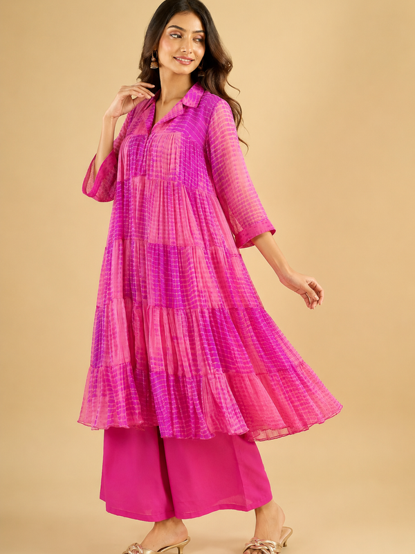 Fuchsia Pink Tiered Cotton Kurta Set with Palazzo