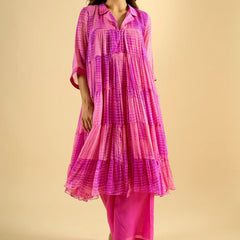 Fuchsia Pink Tiered Cotton Kurta Set with Palazzo