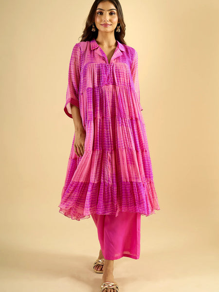 Fuchsia Pink Tiered Cotton Kurta Set with Palazzo