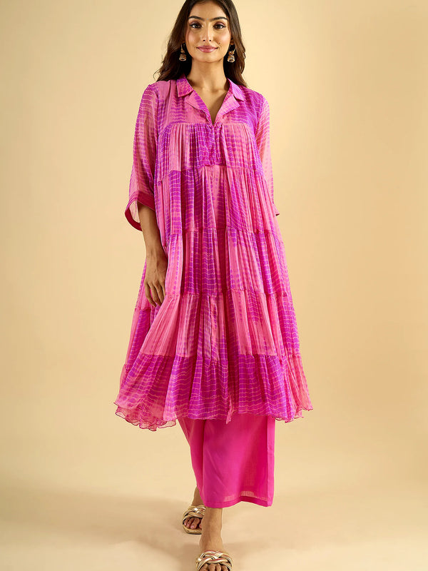 Fuchsia Pink Tiered Cotton Kurta Set with Palazzo