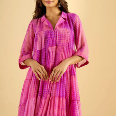 Fuchsia Pink Tiered Cotton Kurta Set with Palazzo