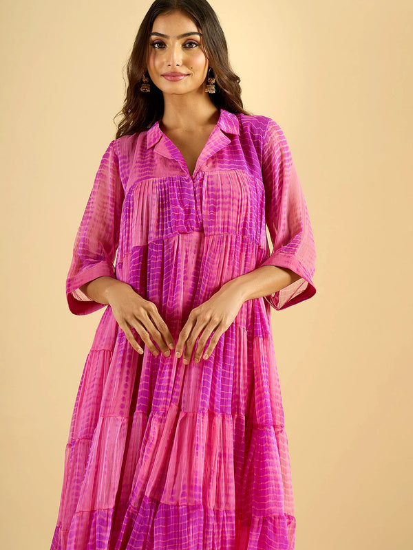 Fuchsia Pink Tiered Cotton Kurta Set with Palazzo
