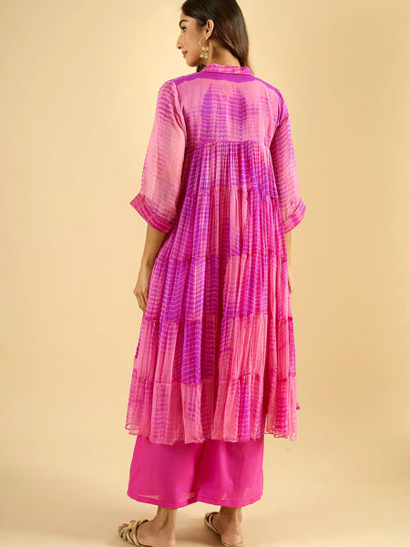 Fuchsia Pink Tiered Cotton Kurta Set with Palazzo