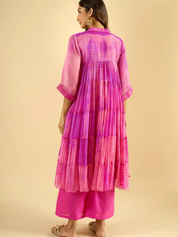 Fuchsia Pink Tiered Cotton Kurta Set with Palazzo