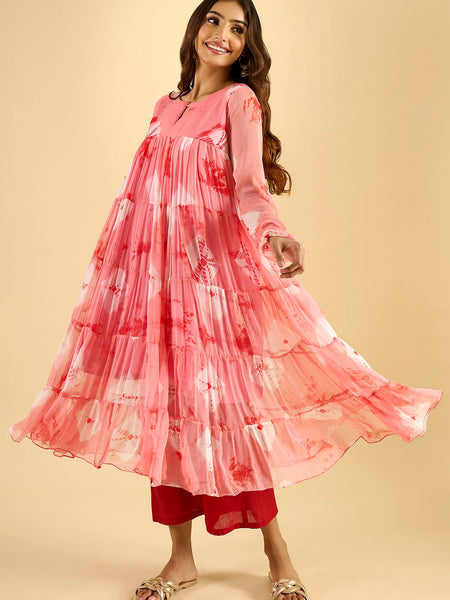 Blush Pink Printed Tiered Cotton Kurta Set with Palazzo