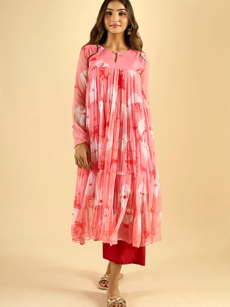 Blush Pink Printed Tiered Cotton Kurta Set with Palazzo