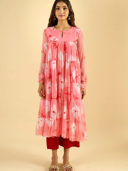 Blush Pink Printed Tiered Cotton Kurta Set with Palazzo