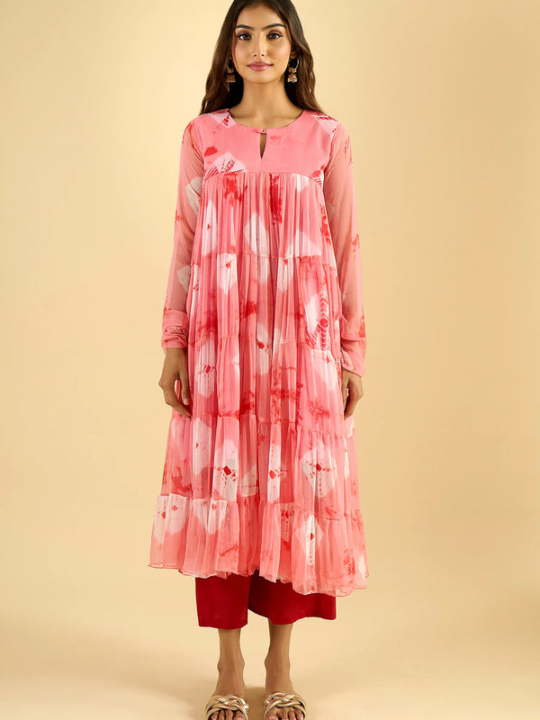 Blush Pink Printed Tiered Cotton Kurta Set with Palazzo