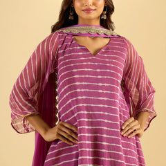 Orchid Pink Striped Tiered Kurta Set with Dupatta