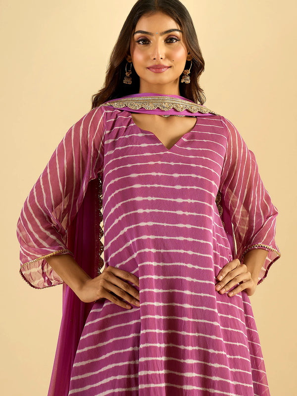 Orchid Pink Striped Tiered Kurta Set with Dupatta
