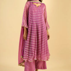 Orchid Pink Striped Tiered Kurta Set with Dupatta