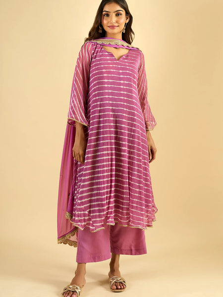 Orchid Pink Striped Tiered Kurta Set with Dupatta