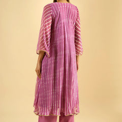 Orchid Pink Striped Tiered Kurta Set with Dupatta
