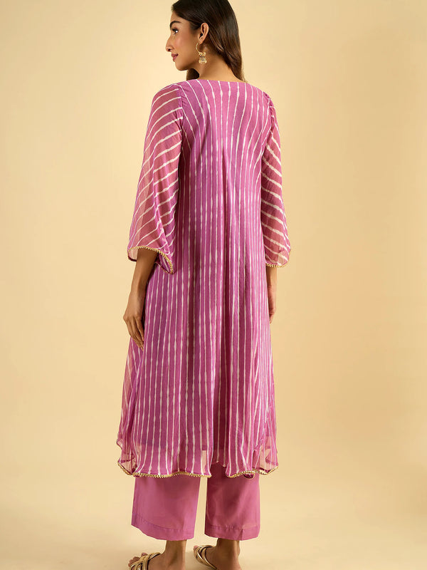 Orchid Pink Striped Tiered Kurta Set with Dupatta