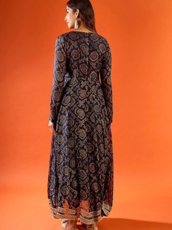 Black Ethnic Printed Flared Anarkali Set with Dupatta