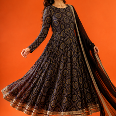 Black Ethnic Printed Flared Anarkali Set with Dupatta