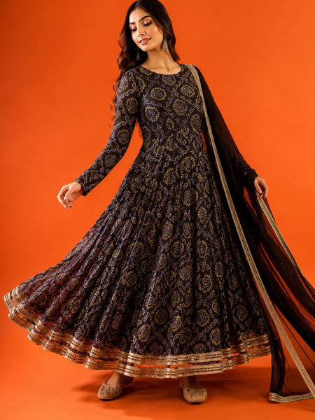 Black Ethnic Printed Flared Anarkali Set with Dupatta