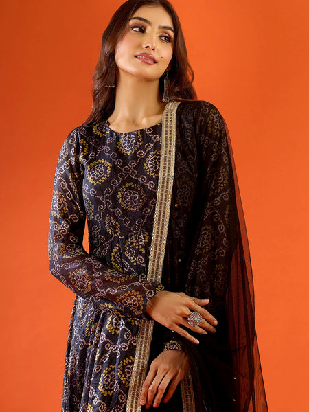 Black Ethnic Printed Flared Anarkali Set with Dupatta