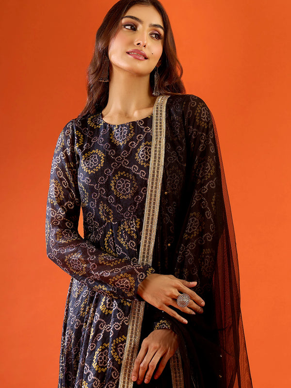Black Ethnic Printed Flared Anarkali Set with Dupatta