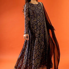Black Ethnic Printed Flared Anarkali Set with Dupatta