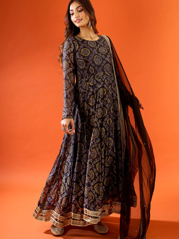 Black Ethnic Printed Flared Anarkali Set with Dupatta