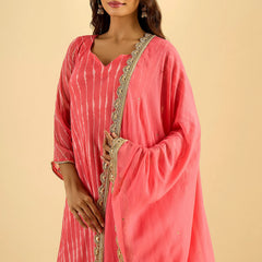 Coral Pink Striped Anarkali Kurta Set with Dupatta