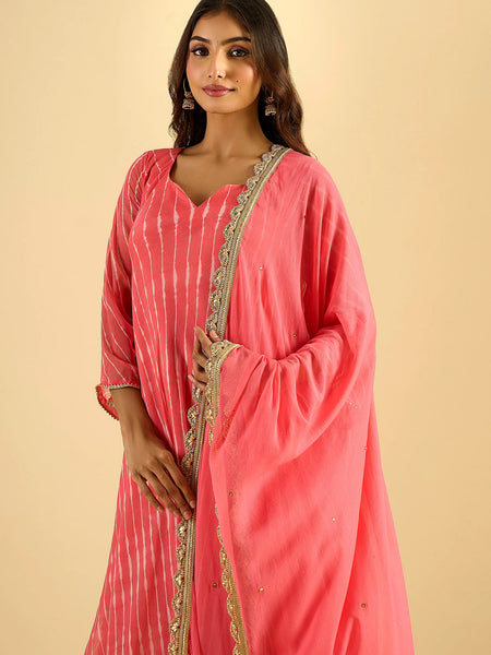 Coral Pink Striped Anarkali Kurta Set with Dupatta