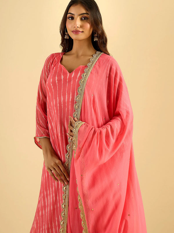 Coral Pink Striped Anarkali Kurta Set with Dupatta