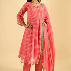Coral Pink Striped Anarkali Kurta Set with Dupatta