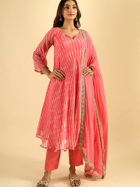 Coral Pink Striped Anarkali Kurta Set with Dupatta