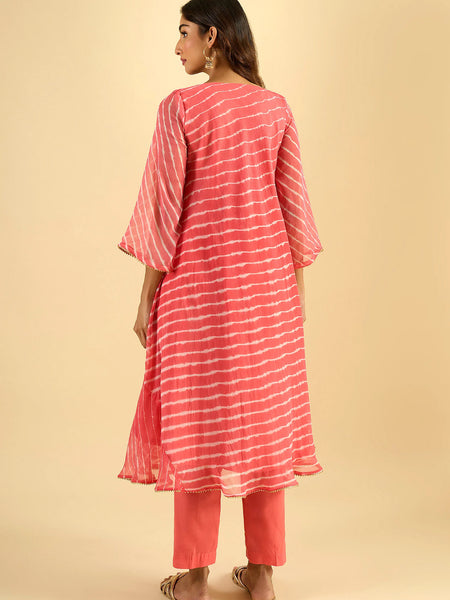 Coral Pink Striped Anarkali Kurta Set with Dupatta