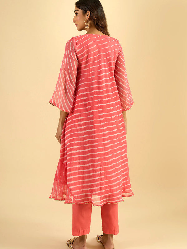 Coral Pink Striped Anarkali Kurta Set with Dupatta