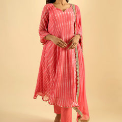 Coral Pink Striped Anarkali Kurta Set with Dupatta
