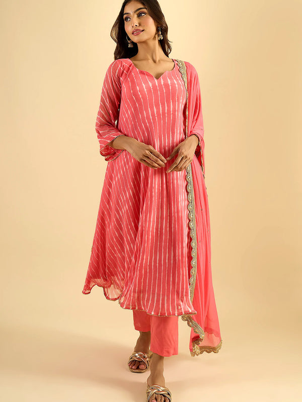 Coral Pink Striped Anarkali Kurta Set with Dupatta