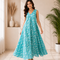 Turquoise Blue Printed Cotton Flared Maxi Dress
