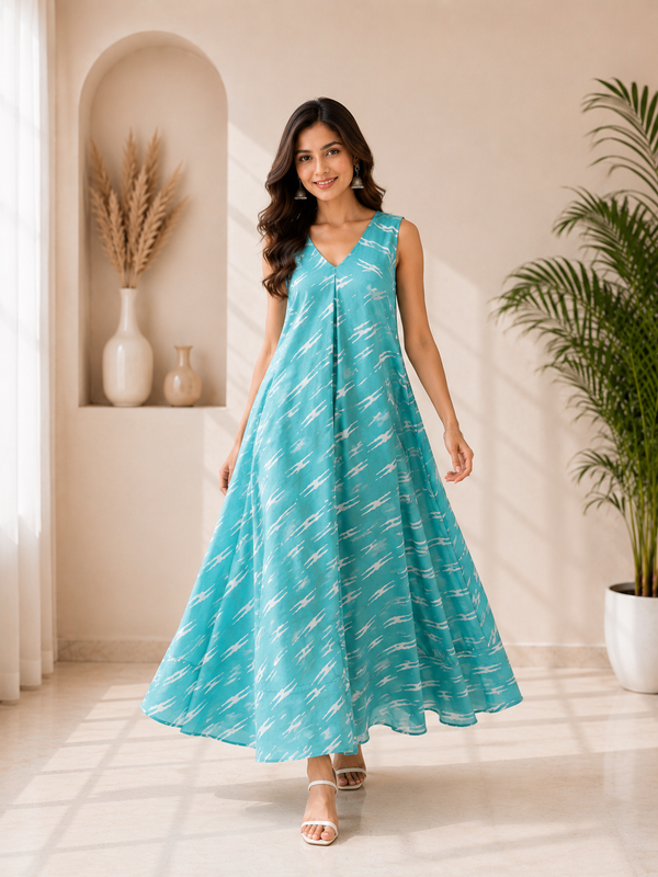 Turquoise Blue Printed Cotton Flared Maxi Dress