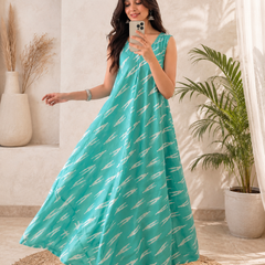 Turquoise Blue Printed Cotton Flared Maxi Dress