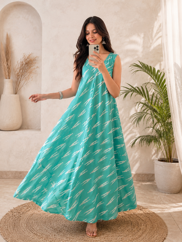 Turquoise Blue Printed Cotton Flared Maxi Dress