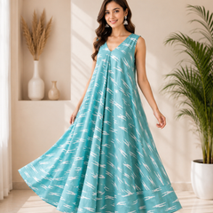 Turquoise Blue Printed Cotton Flared Maxi Dress