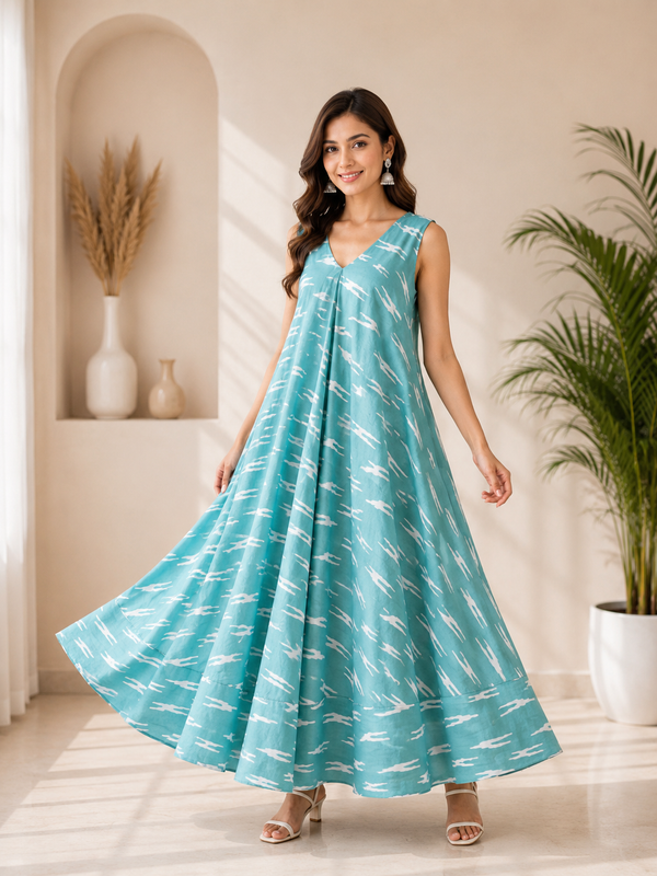 Turquoise Blue Printed Cotton Flared Maxi Dress
